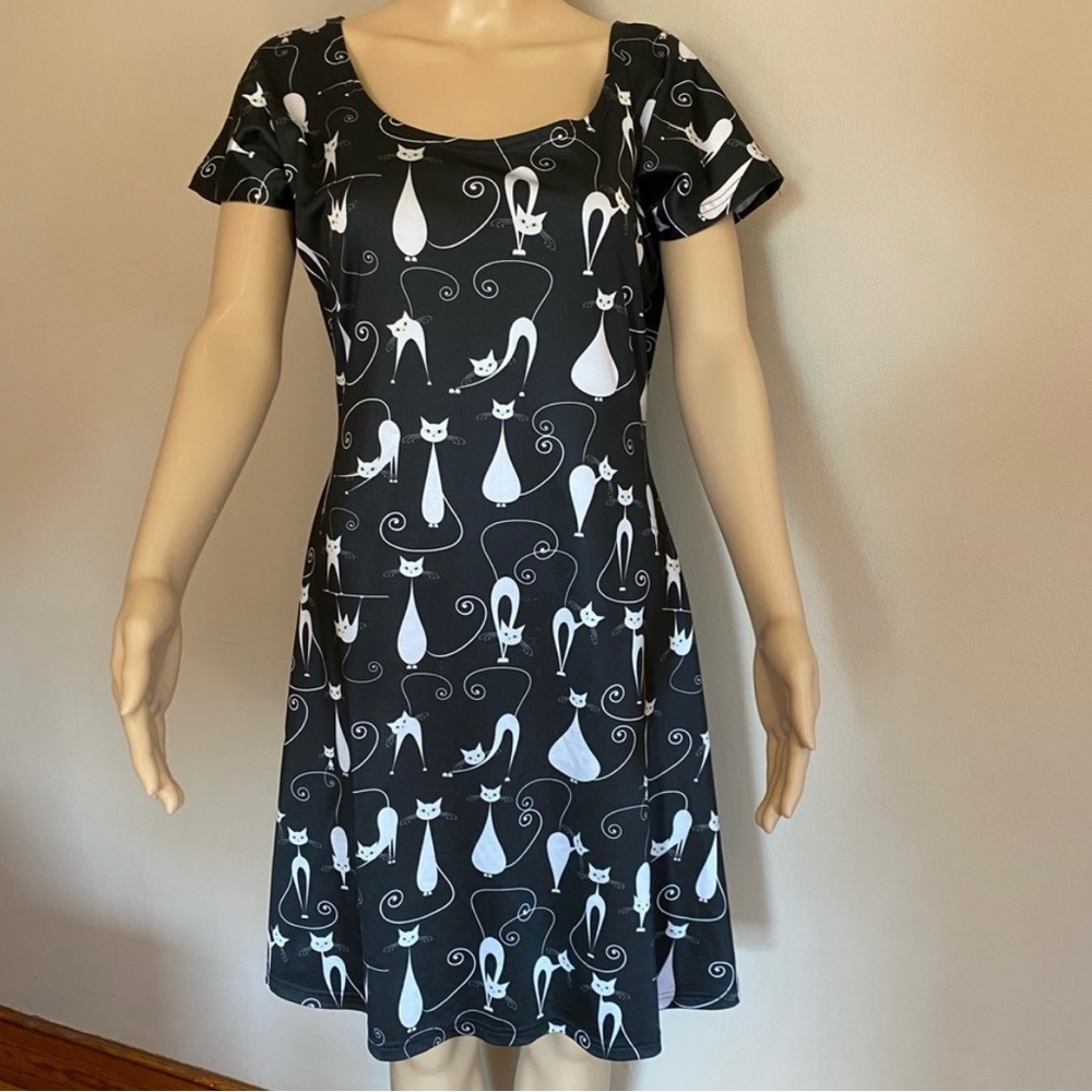 Retro kitty cat print midi dress, size Large